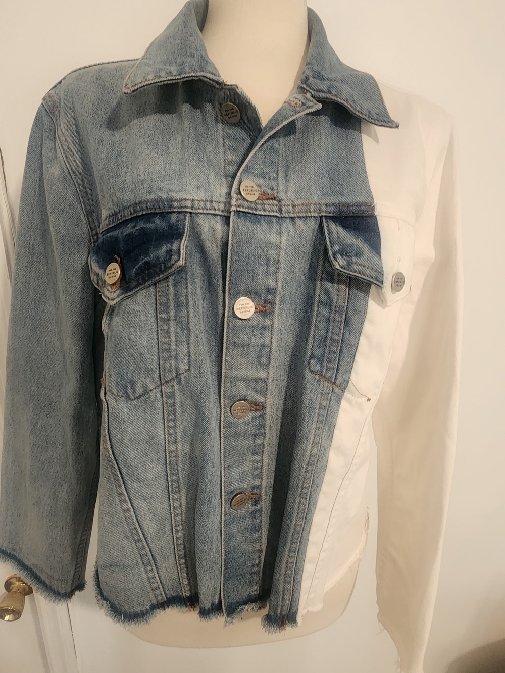 For The Republic Split Tone Colorblock Denim Jacket Raw Hem Large